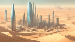 highly detailed painting view from bird's eye lively small but tall town with skyscrapers and factories in the middle of endless empty desert trending on Artstation, futuristic, sci-fi, 4K, high quality