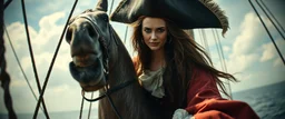pin hole cam, master oil painting by Rembrandt, good afternoon scary hot seductive piratress merchant swashbuckler on stallion on ship