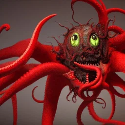 red, tentacles, a lot of eyes, teeth, monster, horror, blood, huge, scary, hyperrealism, gore, masterpiece, expert, volumetric lighting, deformed, sharp focus, 8K