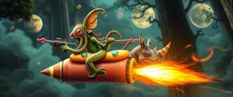hairy macho gremlin octopus lizard aliens living in a hi tech marvellous hot dog art graphics and gems on rocket with a mounted sling shot mega harpoon, heading for venus , background motion blur and smoke swirls, and cheeky slug rhino through giant ancient forest