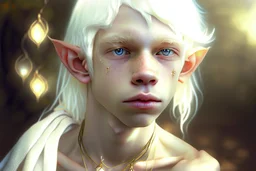 Detailed photo-realistic portrait of a cute albino elf wearing a simple toga, bare shoulder, teenage boy, silver amulet with glowing jewel, left side, facing left, looking left of camera, straight locks of long thick white hair, amber eyes, flawless skin, innocent look, look of wonder, contrasting shadows, bokeh in background, high definition