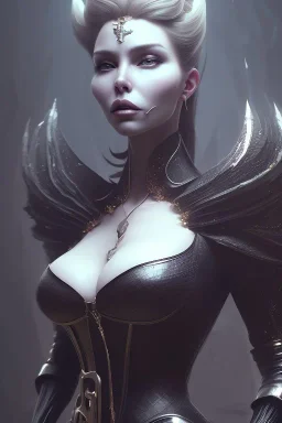 Ava Gartener as evil queen in black leather, busty, cleavage, curvy, angry, stern look. character design by cory loftis, fenghua zhong, ryohei hase, ismail inceoglu and ruan jia. unreal engine 5, artistic lighting, highly detailed, photorealistic, fantasy