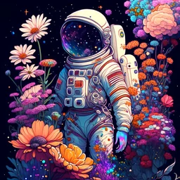 "floral astronaut" hand-drawn digital art, flowers everywhere, colorful garden, beautiful galaxy, REALISTIC, anime, 4k, high resolution, full details, 2560x1600