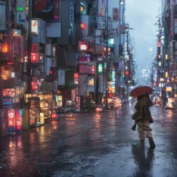 behind photo A young boy walking streets in tokyo post apocalyptic, rain