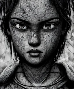 black and white portrait of the face of the sadness, ultra realist texture, intricate line, hdr, 8k, ultra symmetrical,dark futur, akira movie, stephen king style, goldorak anime style, octan render