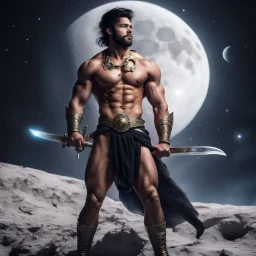 Hyper Realistic Shirtless Muscular Young Handsome king with beard & black hair on moon with his sword in outer space