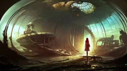 woman standing inside the interior of a ruined alien spaceship, with a circular window, overrun with mushrooms with jellyfish tentacles