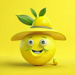 A lemon has eyes, legs, nose, and mouth, and it is smiling, cute, and beautiful, wearing a hat.