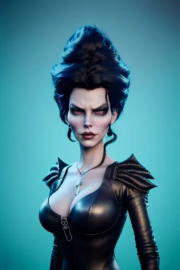 Lene Nystrøm as evil queen in black leather, busty, cleavage, voluptuous, Aqua Lene, angry, stern look. character design by cory loftis, fenghua zhong, ryohei hase, ismail inceoglu and ruan jia. unreal engine 5, artistic lighting, highly detailed, photorealistic, fantasy