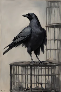 black and grey crow with a broken wing, sitting in a cage, by Monet