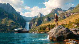 a picturesque natural landscape that includes majestic mountains and a serene countryside. Additionally, incorporate details about a stunning, large waterfall that enhances the beauty of the scene. The output should be structured as a narrative, painting a clear image with rich, descriptive language that evokes the sights and sounds of this beautiful environment water fall falls to a big sea with modern ship in it.a fullbody lady in swimsuit is standing on waterfall start rock16 by 9