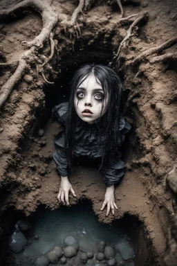 Closeup petit Girl goth with big eyes, fullbody, ragged clothes, extended like roots, the perspective looking up from the bottom of an empty well , midle underwater and mud 8k,macro photography,