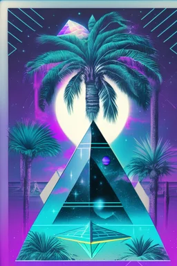 vaporwave, tarot card, palm trees, crystal ball, pyramid, galaxy