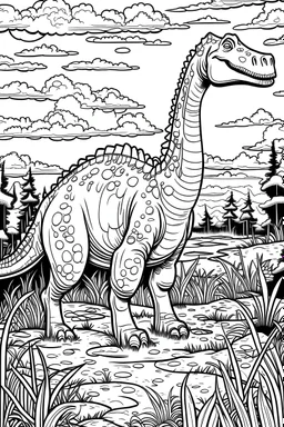 "Design a black and white coloring page with a sophisticated portrayal of a Brachiosaurus in a meticulously rendered prehistoric meadow. Utilize shading, detailed linework, and a 9:11 aspect ratio." .cartoon style, thick line, low detai,no shaping --ar 9:11