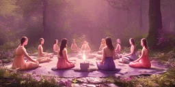 group of beautiful ladies in colour of the rainbow dresses meditating in an enchanted forest with a spring like chalice well, candles in the trees, crystals around, insense burning, super realistic, high detail