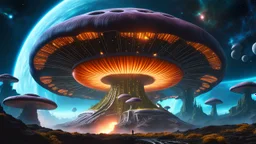 "Giant mushroom space station, central hub, floating in a nebula, intricate glowing roots, detailed, cinematic lighting. Style of Chris Foss, 8k, space opera."