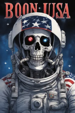 A close up of a skeleton face looking shocked, in an astronaut helmet and suit floating in space. inside the hollow eyes are red shining lights, scary. On his suit is an American flag and in his one hand is a small wavering American flag, on it is written "boned in the USA". From the back of his suit is blowing out blue, white and red smoke. Realistic, 8k, highly detailed, funny