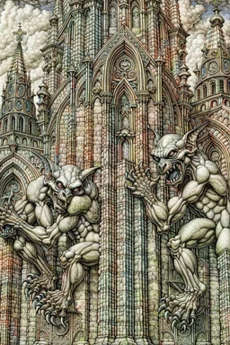 Gargoyles Promt: Art Nouveau Gothic Hyper realistic intricate oil paint detailed pencil sketched Notre Dame gargoyles in the style of Escher, a resin painter