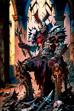 metal maden male chaos warrior of khorne in armor is holding a great sword in a ruined post-apocalyptic city, sci-fi, fantasy, horror, skulls on the ground, blood, Tornado, Roman, Empty chairs,Tangled roots,Key, Warped,Mangled,Ethereal, (Isolation:1.1), (Glaze:1.1), (Reflected light:1.2), Glass, Polygon, ultra detailed, intricate, oil on canvas, dry brush, (surrealism:1.1), (disturbing:1.1), trending on artstation, sharp focus, studio photo, intricate details, highly detailed, by greg rutkowski,