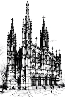 black and white colors only ; sketch of saint jacques cathedral in spain viewed from obradoiro squared; no background