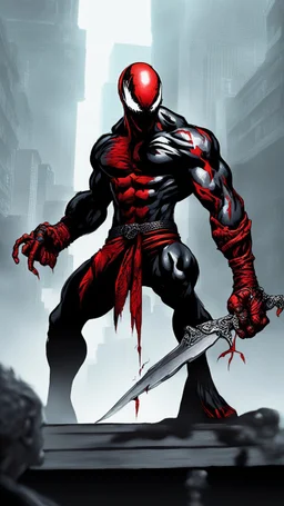 A close picture of Venom symbiote with kratos red tattoos and Clothes, holding blade of choice