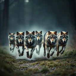 A hyper-realistic, pack of wolves running, wild chase, cinematic BG, enchant color, dramatic scene, front side view ,fool size , Photo Real, 8k