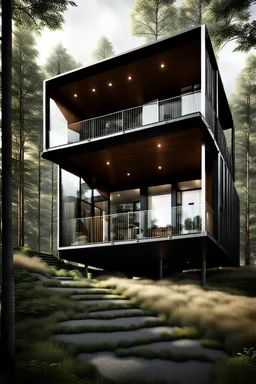 Medium-sized modern house made from shipping containers, on a hill overlooking the woods, photorealistic