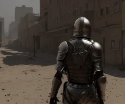 Man in armor, after nucular fallout, barren city of Toronto, searching for food, ultra realistic + high contrast + photorealism + ray tracing + unreal engine 5 + ultra detailed, 8k, hdr, hr --v 4