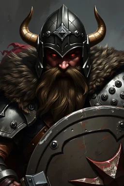 dnd, fantasy, high resolution, portrait, a heavy viking armored fighter, only seen his eyes through the armor, red eyes, furious, holding sword and shield