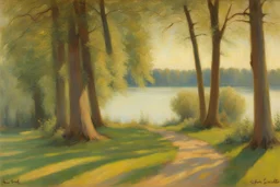 sunny day, lake, trees, friedrich eckenfelder and hans am ende impressionism paintings