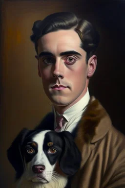 Make me a oil portrait of a very rich person that is 27 Years old from 1920 with a dog