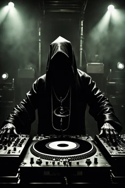 Dark monk dj performing ritual in dark industrial music club