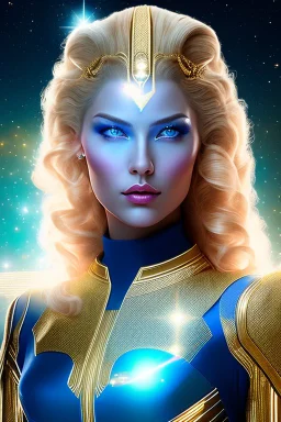 Beautiful tall woman Pleiadian galactic commander, ship, perfect detailed face, detailed golden galactic suit, high rank, long blond hair, hand with five perfect detailed fingers, amazing big blue eyes, smiling mouth, high definition lips, cosmic happiness, bright colours, blue, pink, gold, jewels, realistic, real photo, bright and sunny background, very detailed, high contrast, high definition 8k, pixel 512X512, unreal engine 5, extremely sharp details, light effect, br