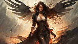 women, beautiful, steampunk, dusty brunette, long square, large steampunk black wings, sword, steam, dynamic pose, rain, wind, ashes, flashes of fiery threads, sketch art, fine lines, grunge, sensual, darkness, dark colors, by Raymond Swanland & Alyssa Monks & Anna Razumovskaya