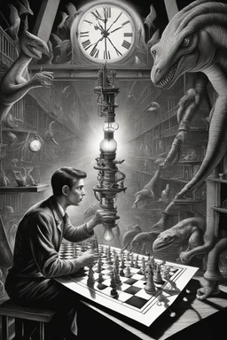 news paper journalist horror harlequin playing burning chess geese dinosaur reptiles in very bright light bulb factory on the bridge with twisted ladders with the most a confused look on his face in front of a huge glass prism clock with angels, in the style of Escher and Giger