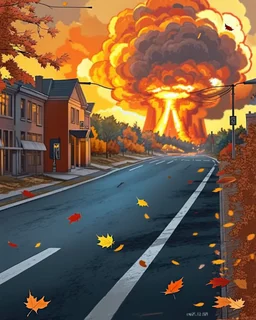 town street with a nuclear explosion in the distance, autumn colors, leaves falling on street, leaves falling in foreground, light source is the nuclear explosion, yellow orange brown pallet, very low vantage point, digital painting