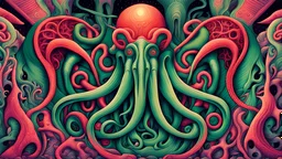 Lovecraftian Optical illusion Of Cthulhu || psychedelic surrealism in the styles of By M.C. Escher and Patrick Arrasmith and Edward Wadsworth, expansive, imperial colors, cinematic, sharp focus, epic masterpiece