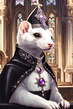 (anthropomorphic white ferret),dressed in ((cleric fantasy)) black clothes with silver holy ornaments, realistic anatomy, posing, cute face, fantasy church on background with warm sunshine lighty from behind, gloomy atmosphere:2.5, purple armband, The holy icon style, RTX, praying, close eyes