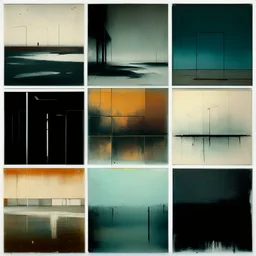 Minimal abstract oil paintings of a desolate 1960s carpark. Illuminated by a spotlights. On the floor are concrete fragments and road markings . In the dark mysterious style of Justin Mortimer and Francis Bacon.