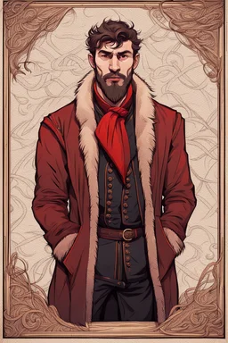 young man in mid 20's, medieval, fighter, russian, croocked nose, czar, rich, simple clothes, short messy hair, thick beard, oligarch, leather coat with fur, brocade clothes, pencil drawing, black or red hair, muscles, background frame