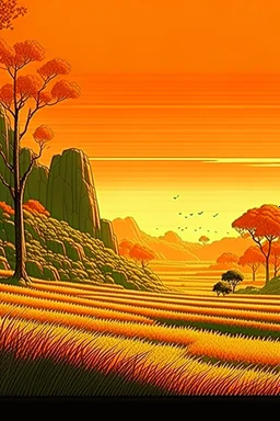 Rice field，Trees，Warm color palette，Animation，cliff