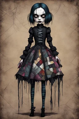 full color, full body illustration of a dark menacing Victorian goth vampire girl, ala Wednesday Addams, as a decayed, broken, crude homemade patchwork cloth doll toy, with contrast stitching across her patchwork face, hair made from ragged strips of cloth, art in the style of Alex Pardee and Tim Burton