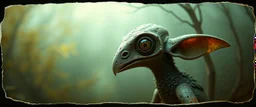 3d airbrush render, bird elf alien dodo , pinhole cam, airbrush 3d rendering, in the style of Titian and Dali , torn edges on border