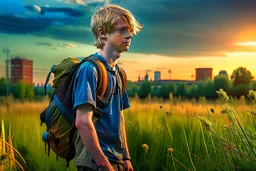 A detailed photo of a scruffy fifteen year old blond boy wearing a backpack standing in a field with an abandoned city skyline in the background, wearing short sleeves and shorts, sunset, tall grass, bright colours, baste landscape, cinematic photography, high resolution, high quality, highly detailed.