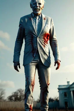 Ultra realistic image, joe biden zombie, zombie performance, suit, skull, blood, torn arm, night, walking twisted, waist up view, thriller style, dark ambient, highly detailed, White House background, concept art, unreal engine 5, ray tracing, RTX, ultra detail, volumetric lighting, high definition, high resolution.