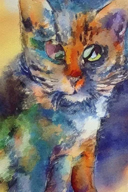 watercolor painting, cat, happy, bright color,