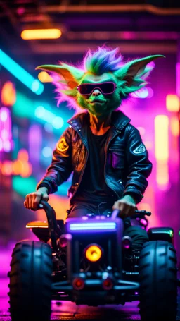 portrait of Hairy Gremlin pimp ninja cyber yoga punk in flying hipster tractor parked in dark tron neon lit reflective smoke arcade hall tunnel,bokeh like f/0.8, tilt-shift lens 8k, high detail, smooth render, down-light, unreal engine, prize winning