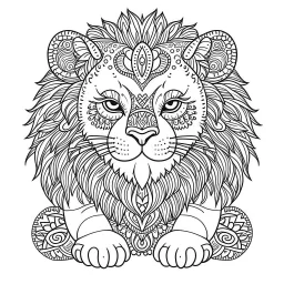 mandala baby lion, happy, cute animals, full view, realistic, coloring page, only draw lines, coloring book, clean line art, –no sketch, color, –ar 3:4, white background, minimalistic black lines, minimal black color, low level black colors, coloring page, avoid thick black colors, thin black line art, avoid colors, perfect shape, perfect clear lines,