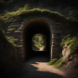 stone wall, there is an entrance to a dark cave, overgrown with dry ivy, the sun illuminates the entrance to the tunnel, mystical, surreal, photo