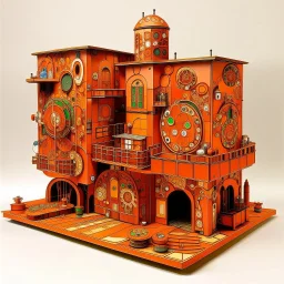 An orange colored mechanical factory with magnets designed in Moroccan rug art painted by Gustav Klimt